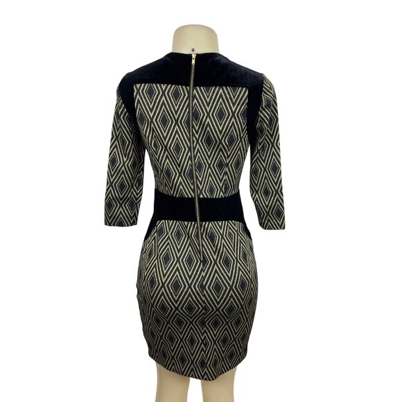 The Limited Black & Tan Diamond Pattern Dress 3/4 Sleeve Size 0 - Picture 3 of 8